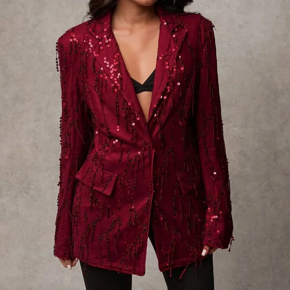 burgundy Party Women's Sequin Patchwork Lapel Neck Long Sleeve Blazer Jacket